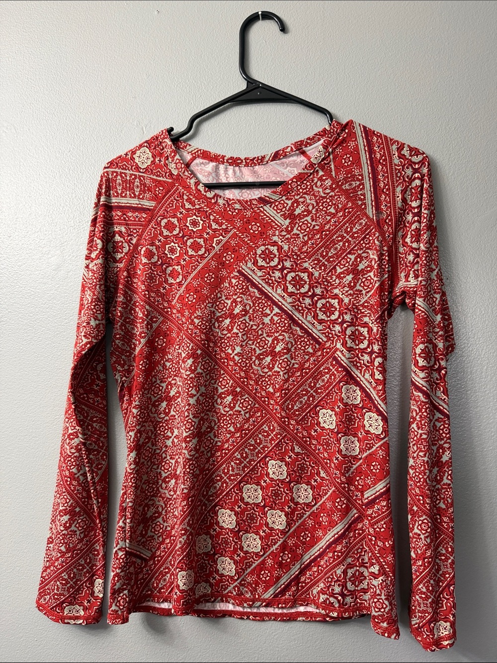 Garnet Hill long-sleeved red shirt a patchwork bandanna-style pattern small